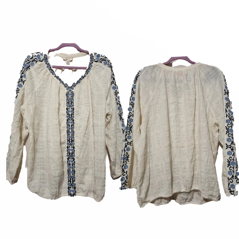 Embroidered Cream Top with Blue Accents